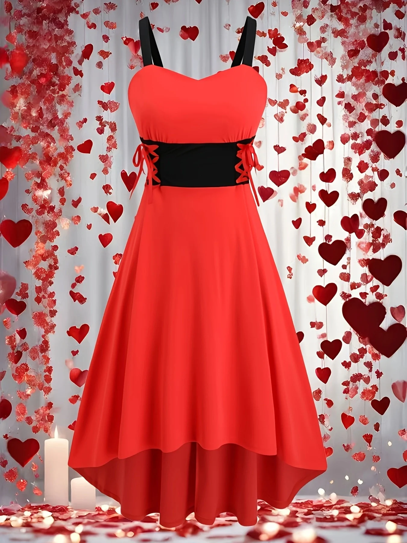 

Elegant pluse-sized lady's Valentine's Day evening dress with bow, cinched waist and halter, A-line dress