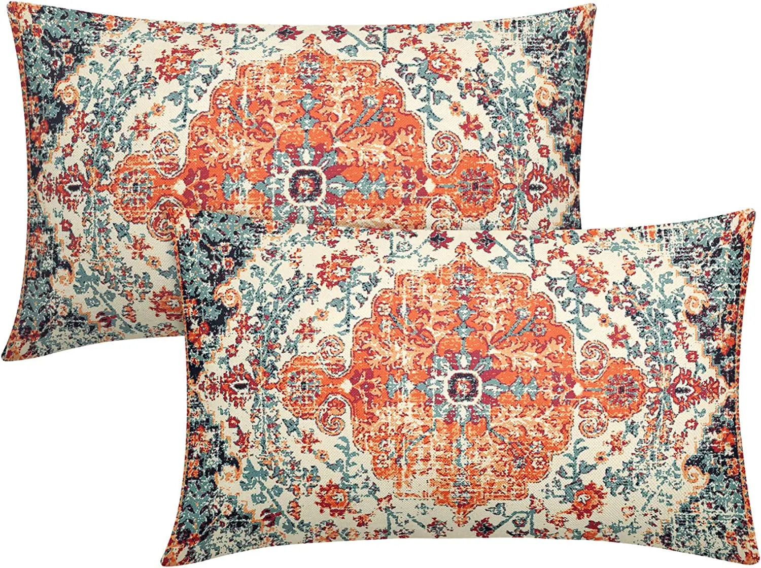 Orange Blue Ethnic Boho Pillow Covers  Inch Bohemian Carpet Vintage Couch Cases Rust Coral Floral Throw Pillows Set