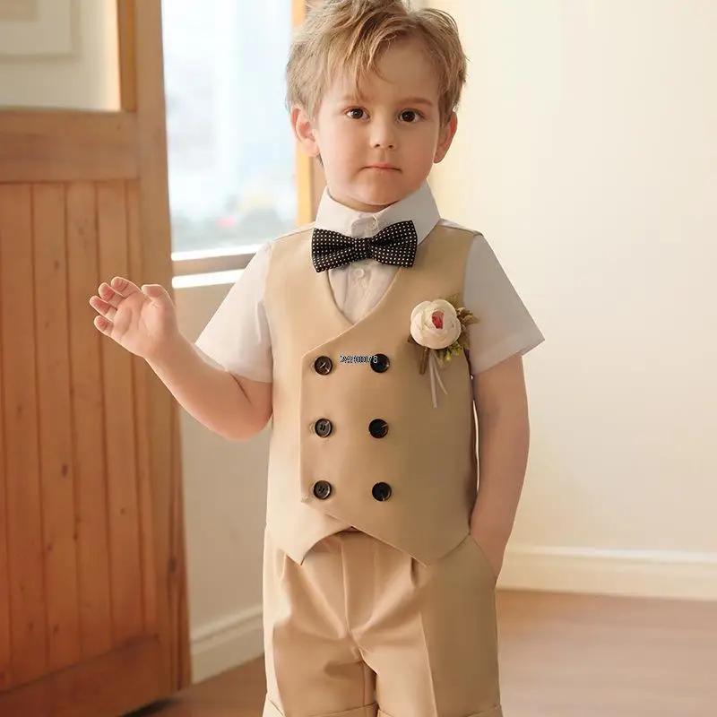 

Baby Boys Summer Vest Shorts Bowtie Performance Suit Children Formal Wedding Dress Kids Photography Birthday Ceremony Costume
