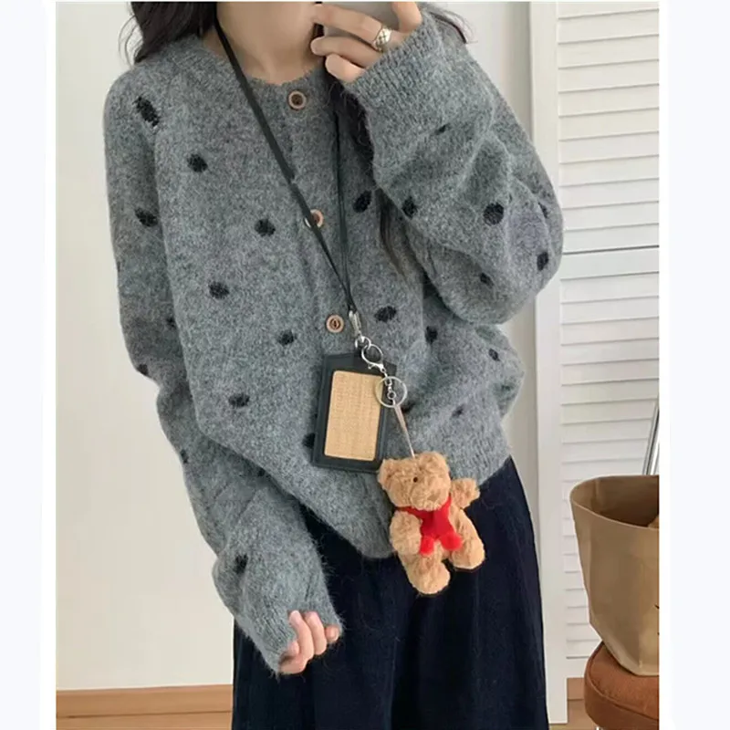 

New Jersey For Women Spring Autumn Korean Sweaters & Jumpers Short Woolen Coat Polka Dot Woman Clothing Knitwear Female Jacket