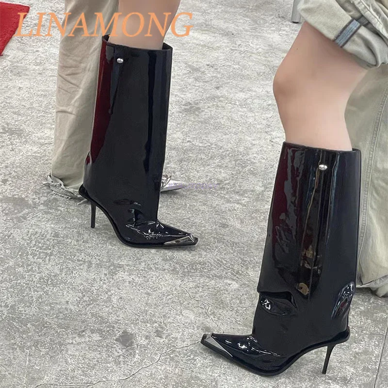 

Metal Pointed Loose Fitting Straight Leg Boots Fashionable One Foot Kick Slim High Heels Long Leg Boots Black Knight Boots