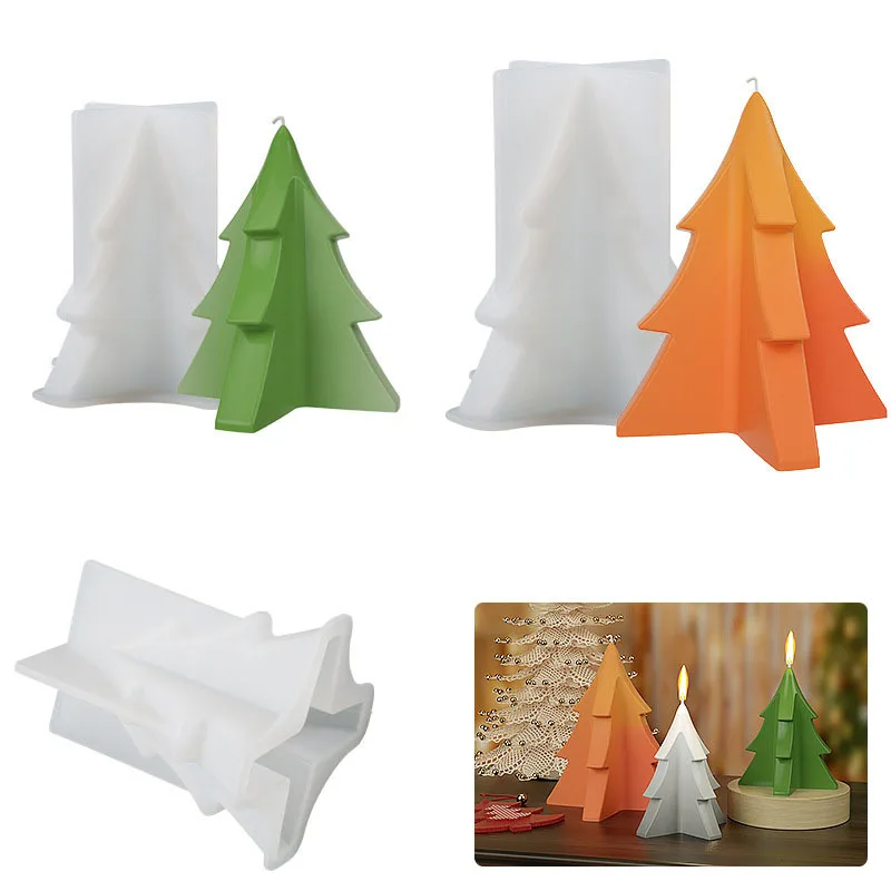 3D Resion Epoxy Four Cornered Christmas Tree Candle Decoration Gypsum Silicone Mold For Night Right Cake Home Decoration Craft