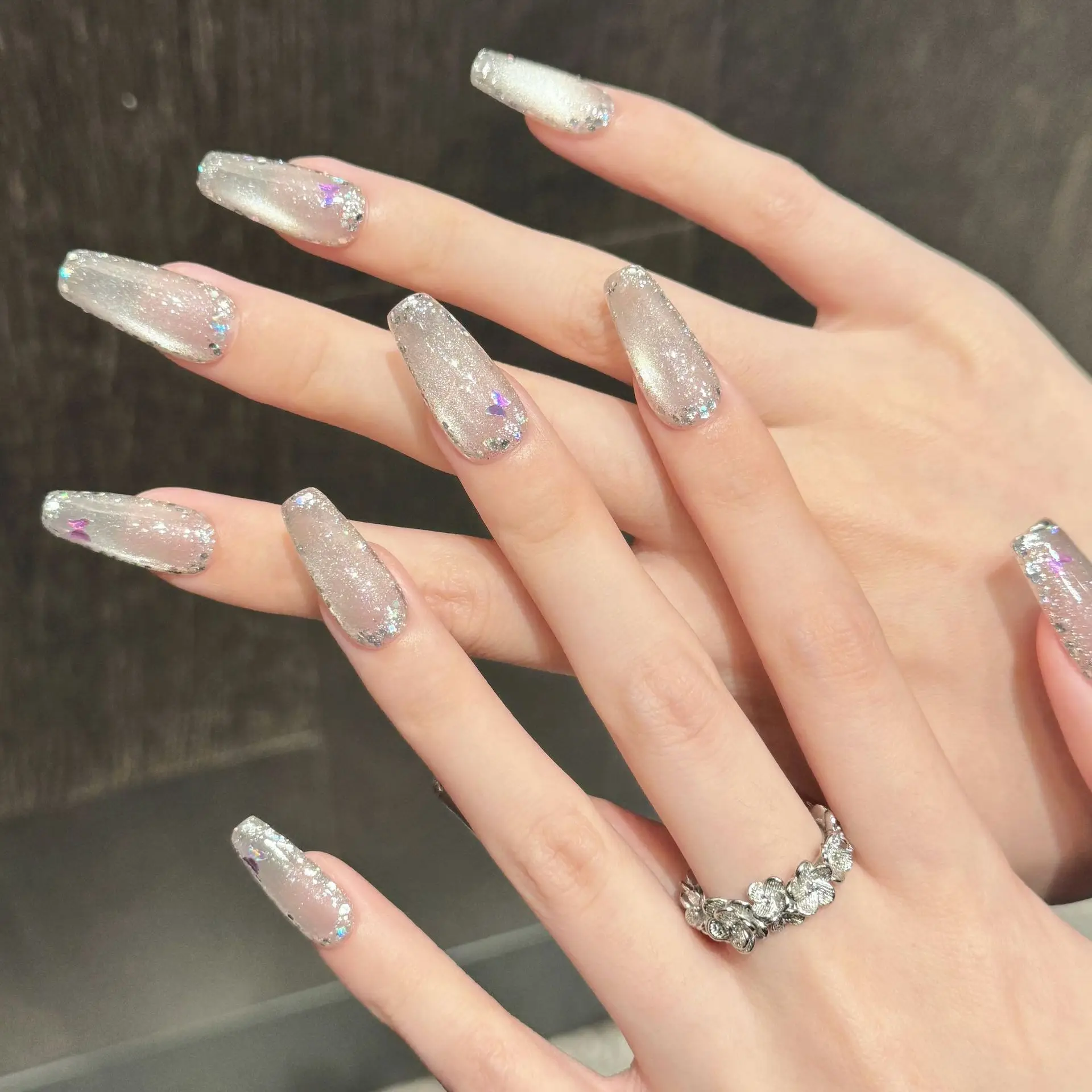 10pcs Glitter Cat's Eye Handmade Press on Nails Tips Simple White Mid-length Oval False Nail Art Butterfly Reusable Fake Nail