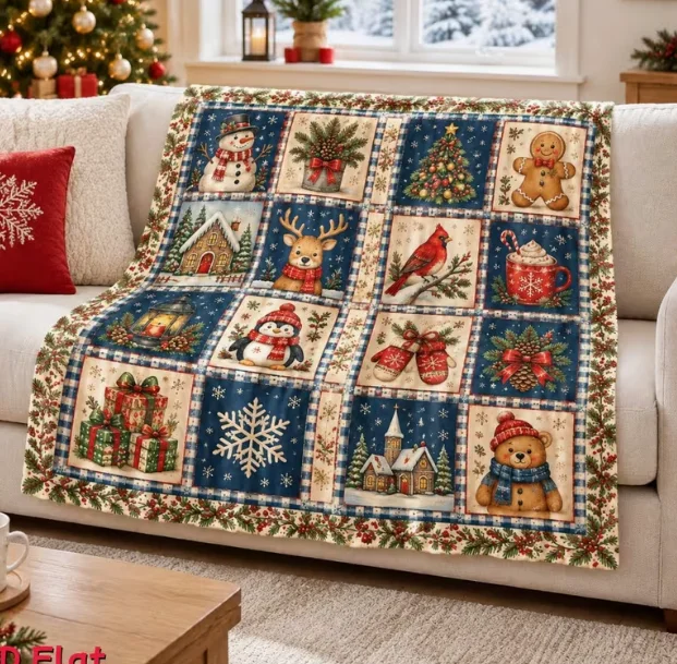 Cozy Christmas Quilt Blanket Festive Patchwork Design Featuring Snowman Reindeer Gingerbread Man And More for Sofa Home Decor