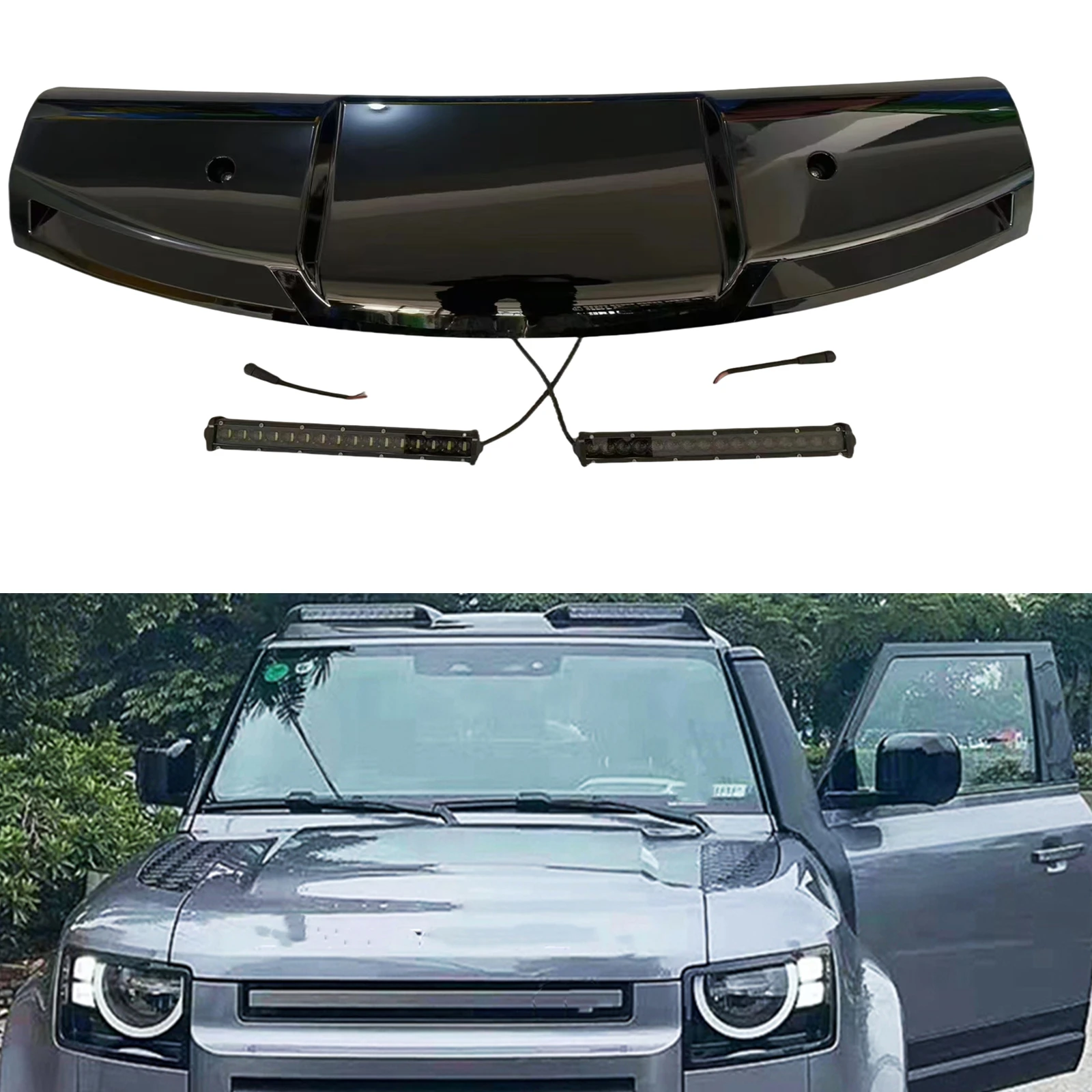 Car Front Roof Spoiler Wing Splitter W/ Dome Light Bar 2PC DRL LED Daytime Running Lamp For Land Rover Defender 90 110 2020-2024