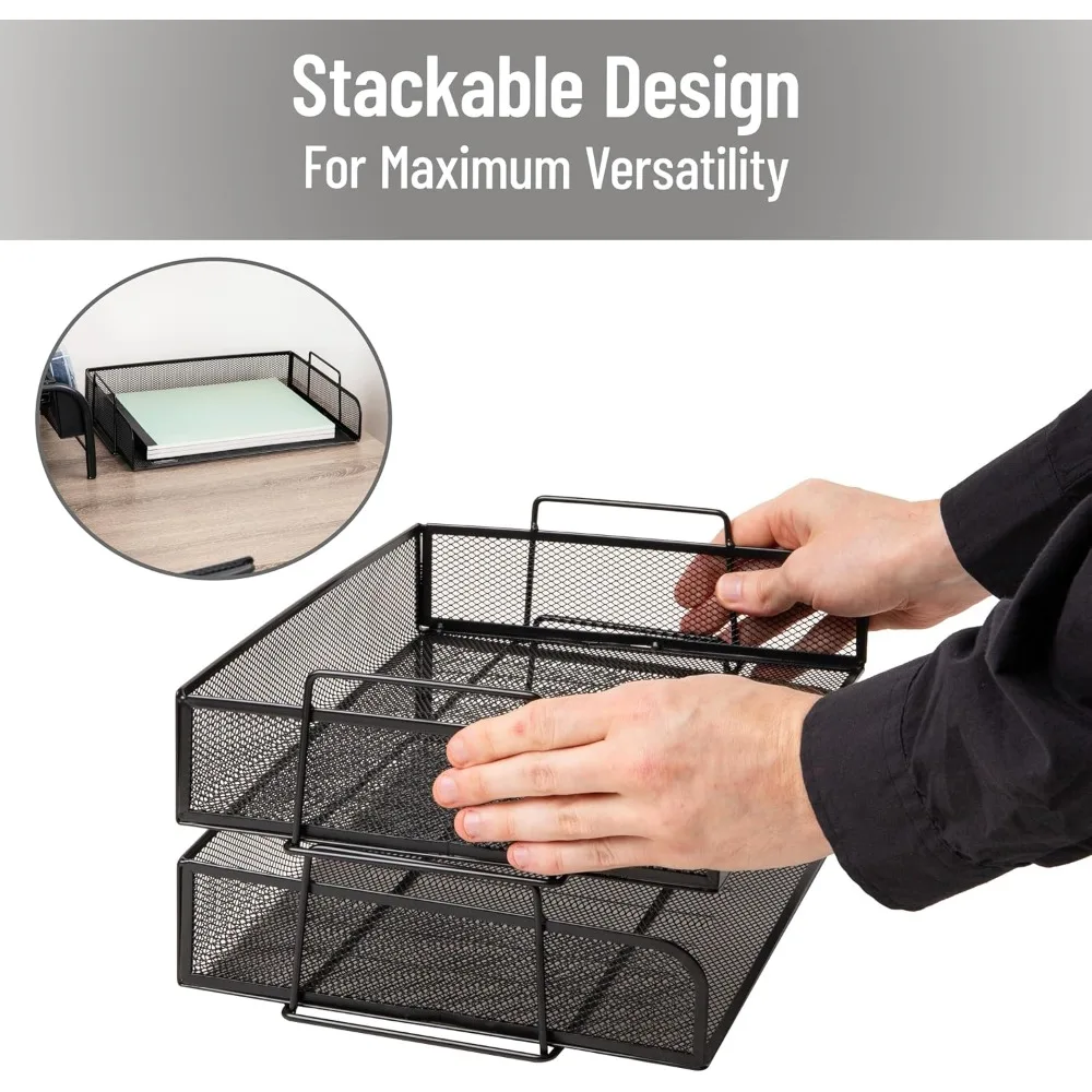 Stackable Paper Tray, Desktop Organizer, File Storage, Office, Metal Mesh, 2 Pcs, Black view 4