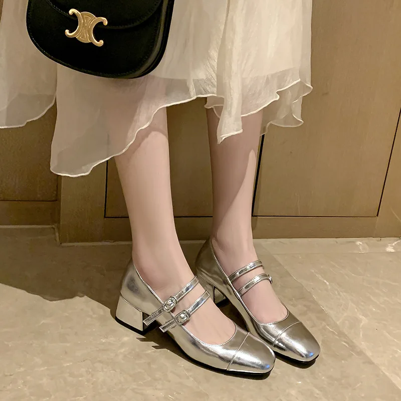 

2026 New Women's Shoes Luxury Square Toe Ladies Mary Jane Shoes High Quality Double Buckle High Heel Fashion Women Ballet Shoes