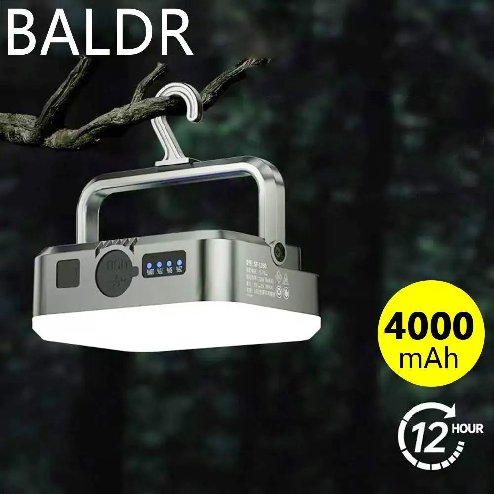 BALDR-Luz Portátil para acampar al aire libre, carga Solar, Banco de energía de gran capacidad de 4000mah, pantalla inteligente, luz colgante