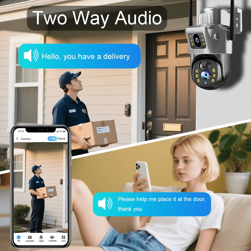 Telecamera di sicurezza esterna ad energia solare WiFi, doppia lente 6MP 4K, movimento PIR, batteria a lunga durata, visione notturna CCTV V380