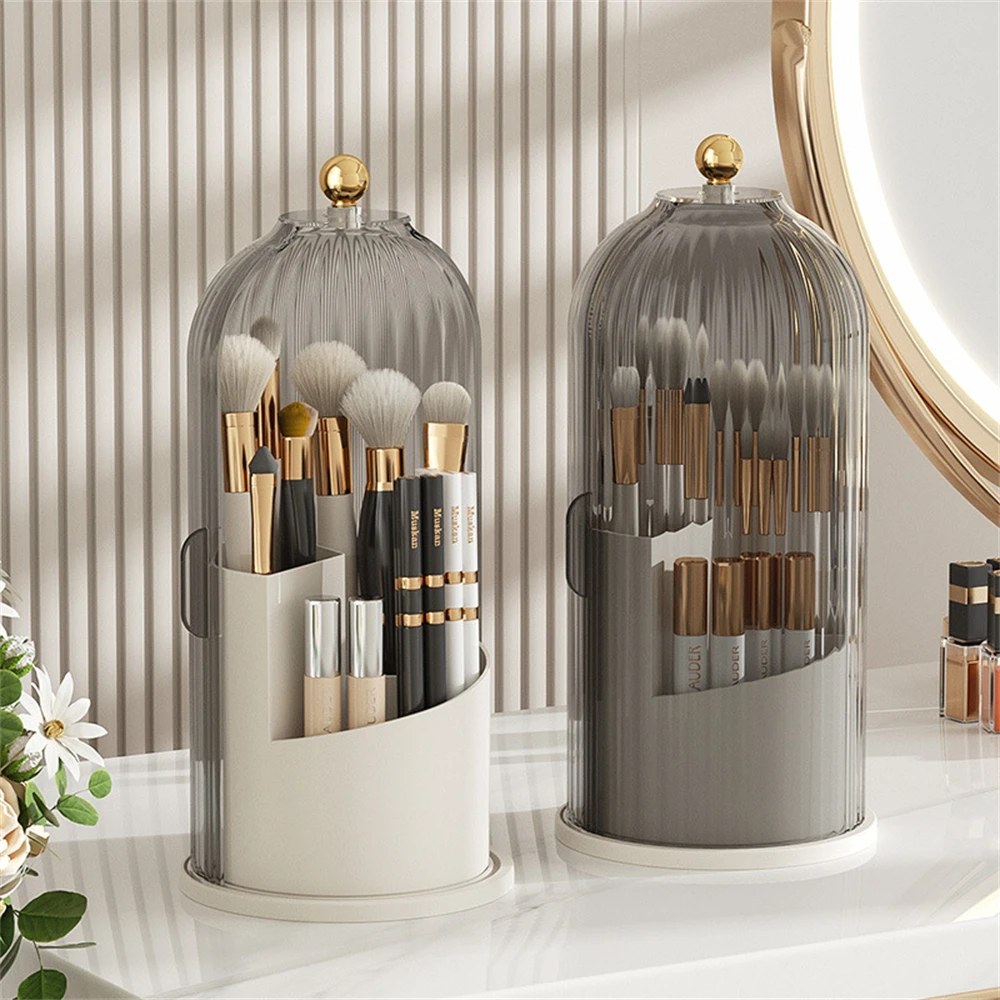 

360° Rotating Makeup Brush Organiser Desktop Lipstick Storage Box with Lid Dustproof Birdcage Shape Case Eyebrow Pencil Holder