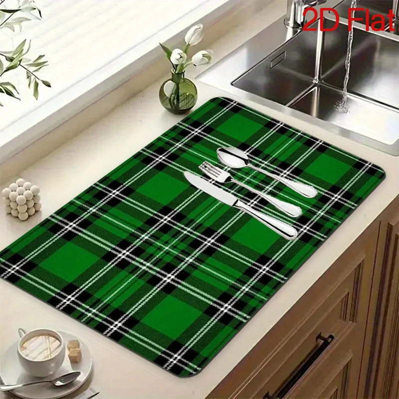 Fall Pumpkin Dish Drying Mat Hello Pumpkin Buffalo Plaid Counter Mat Absorbent Microfiber Coffee Bar Kitchen Countertop Pad