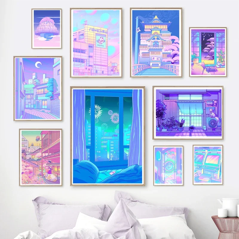 80er Jahre Vaporwave Stil Wandkunst Poster Stadt Nacht Straße Katze Leinwand Malerei Druck Home Dekoration Kawaii Room Decor Leinwand Bild