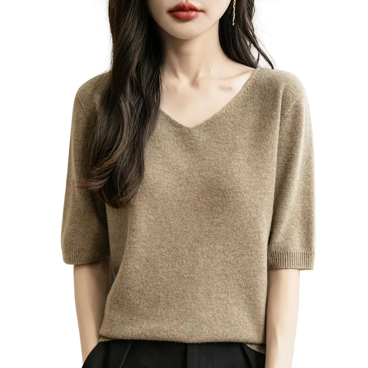 Top con scollo a V da donna 100% lana merino Primavera Autunno Inverno Prima linea pronta da indossare T-shirt a maniche corte in maglia nuova senza cuciture