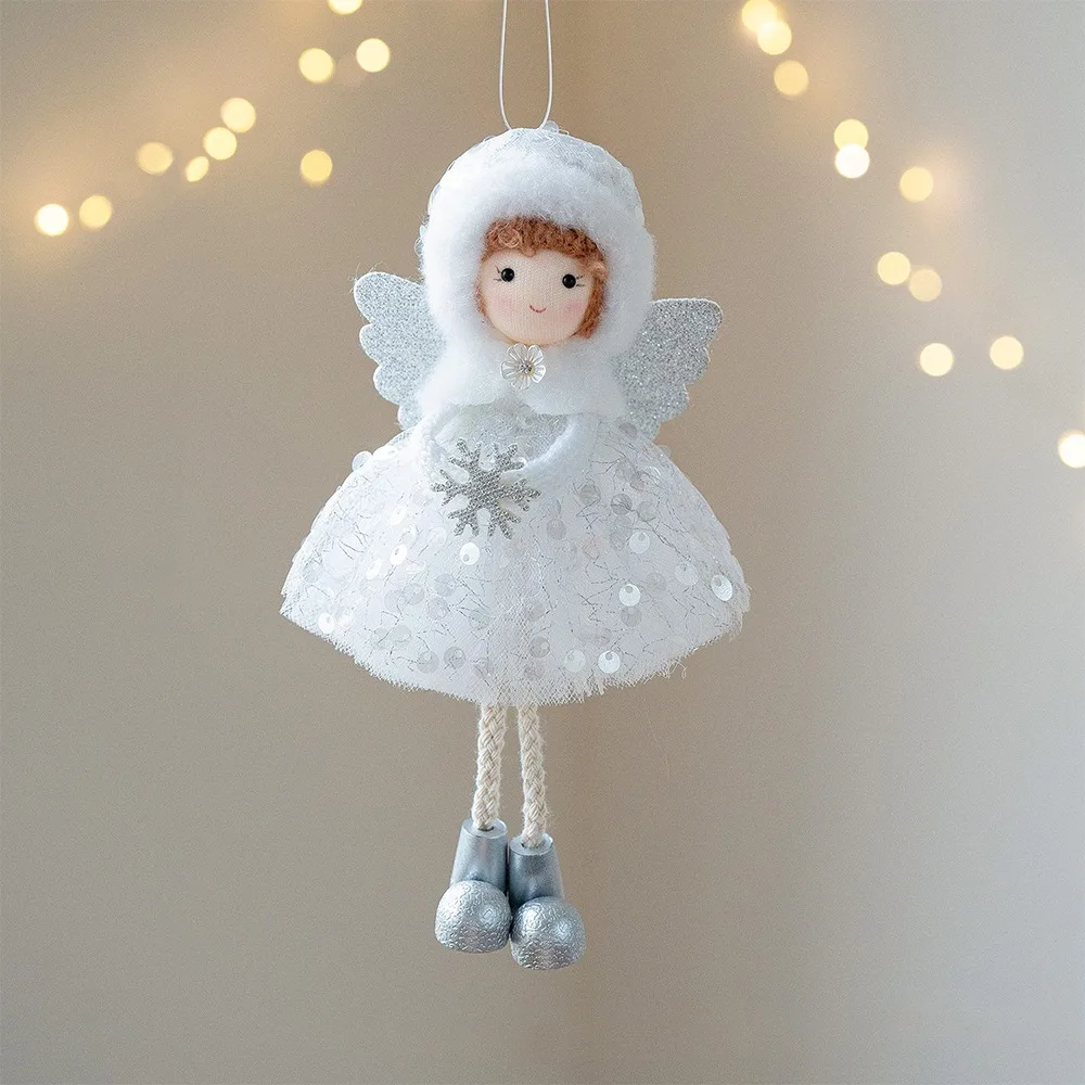 

Cute Christmas Girl Pendant Tulle Dress White Mesh Girl Hanging Ornament Plush Shiny Golden Wings Christmas Tree Decorations