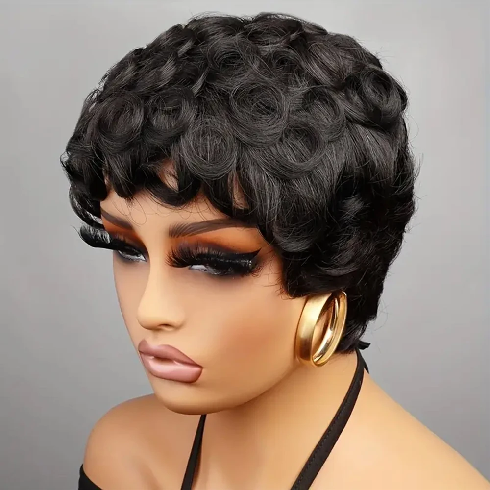 Top römische Locken, kurze Pixie-Perücken, 100 % Echthaar, maschinell hergestellte Perücke, brasilianische 1b-Farbe für Frauen