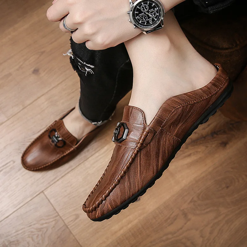 Men Baotou Half Slippers Summer New Fashion Casual Men Designer Low Top Brand Luxury Leather Brown Slippers Free Shipping