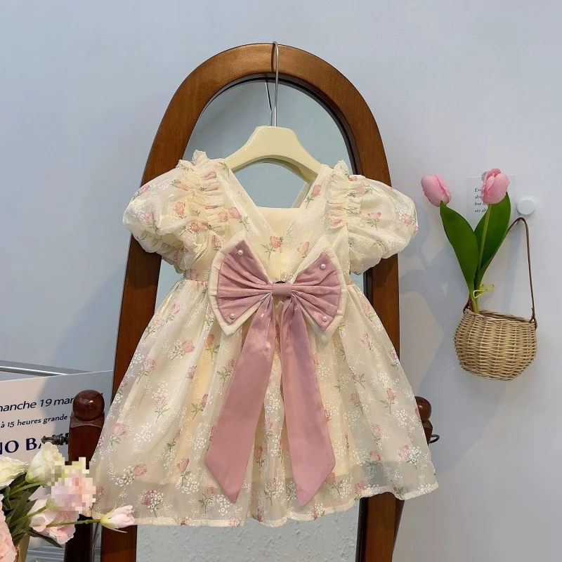 Girls' princess dress summer outfit2026New stylish children's floral dress with bow and puff sleeves for little girls
