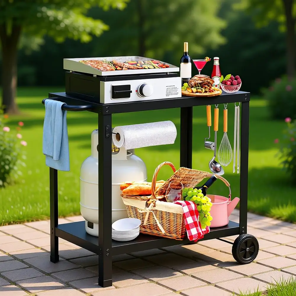 

Double-Tier Grill Table with Outdoor Cart for Patio Cooking and Party Prep