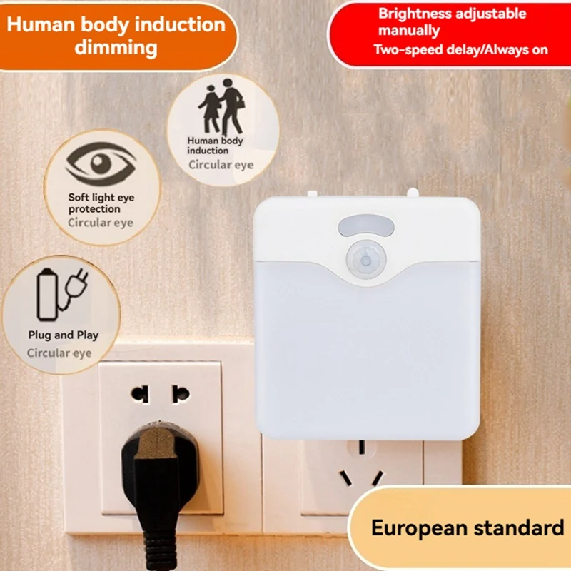 ABPQ-Sensor de movimiento LED luz nocturna lámpara regulable para habitación de niños de bajo consumo Sensor de atardecer al amanecer lámpara de escalera enchufe de la UE