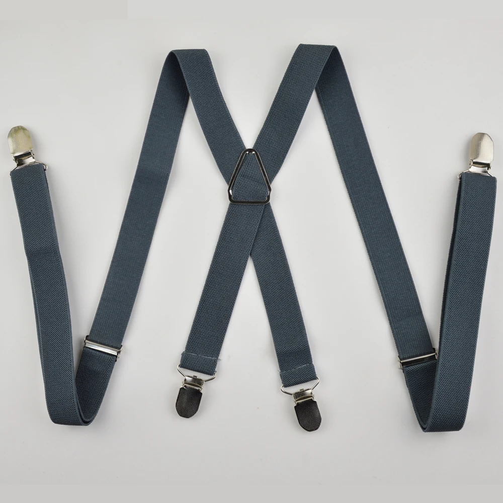 4 Clips Black Colored Men's  Suspenders for men 2.5cm  Women's pants X  With adjustable  Elastic Trouser Braces Straps grey