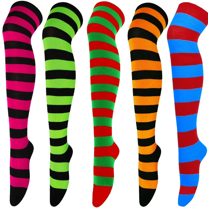 Women Striped Print Over Knee Long Socks Thigh High Stockings for Christmas Halloween Anime Cosplay Costume Accessories M6CD