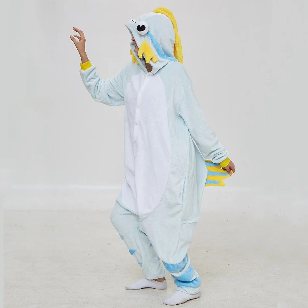 Light Blue Carp Onesie Adult Animal Fish Pajamas Suit Coral Fleece Warm Soft Sleepwear Onepiece Winter Jumpsuit Pijama Pyjamas