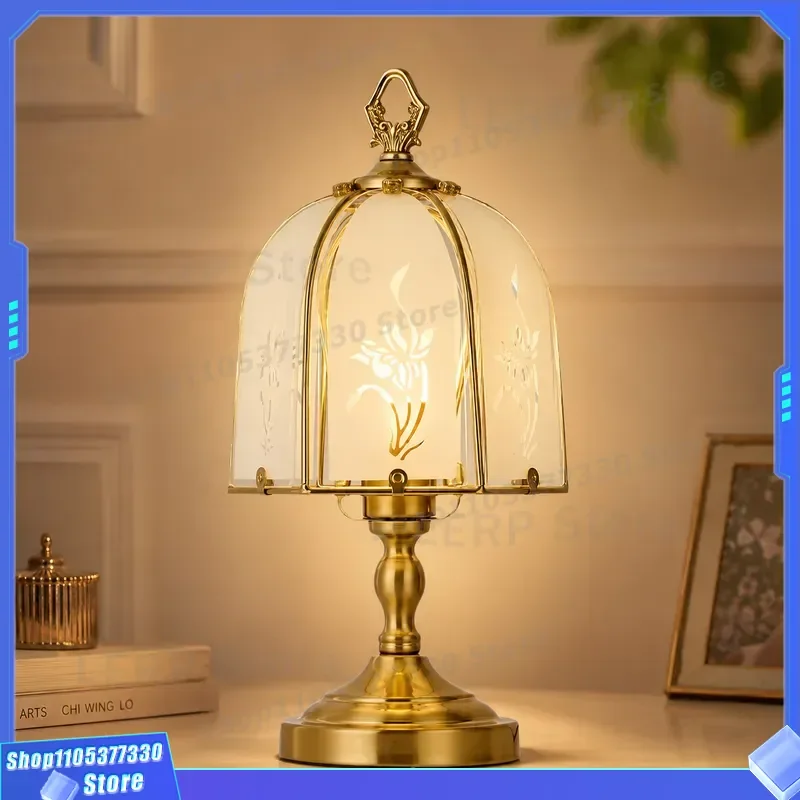 Vintage American Retro Copper Table Lamp French Engraved Glass Atmosphere Decor Antique Rechargeable Bedside Night Light for