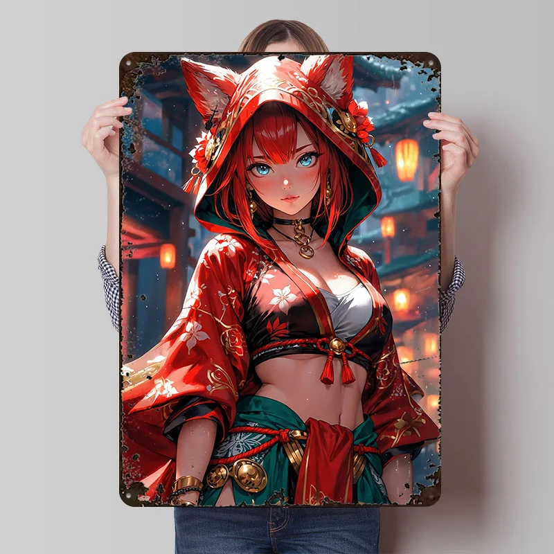 

Аниме Девушка с лисьими ушками в постере-кимоно, индивидуальное настенное искусство, винтажные металлические знаки, ретро жестяная табличка для мужчин, пещерный дом, декор стола