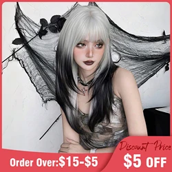 22inch Ombre Black White Synthetic Wig Long Layered Straight Black Wig with Bangs Colorful Cosplay Party Christmas Wig For Women