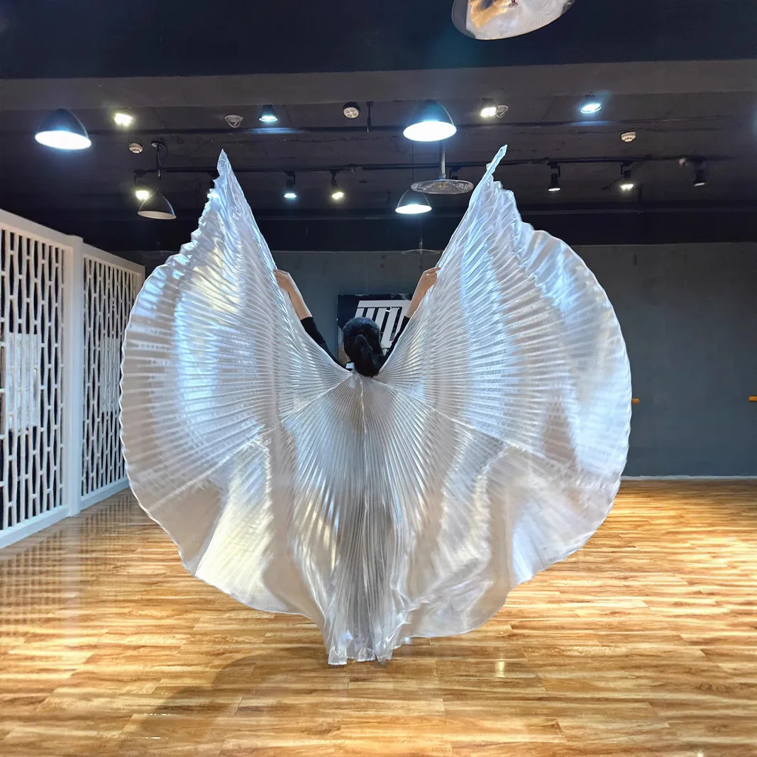 Witte prestatie cape met telescopische staaf 360 graden buikdansvleugels Egyptisch kostuum geplooide Halloween prestatie rekwisieten