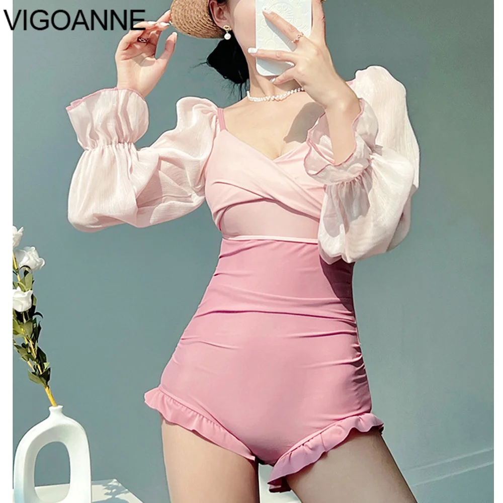 VigoAnne Pink Long Sleeve Swimwear Women 2024 Patchwork Push Up One Piece Swimsuit Korean Slimfit Monokini Backless Bathing Suit