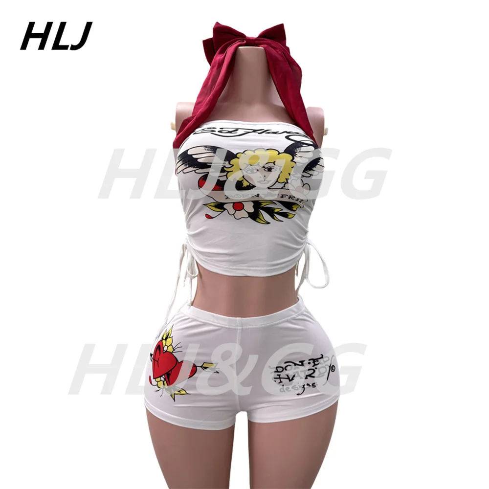 HLJ Fashion Y2K Graffiti Print Tube Two Piece Sets Women Off Shoulder Sleeveless Backless Crop Top And Shorts Outfits Streetwear