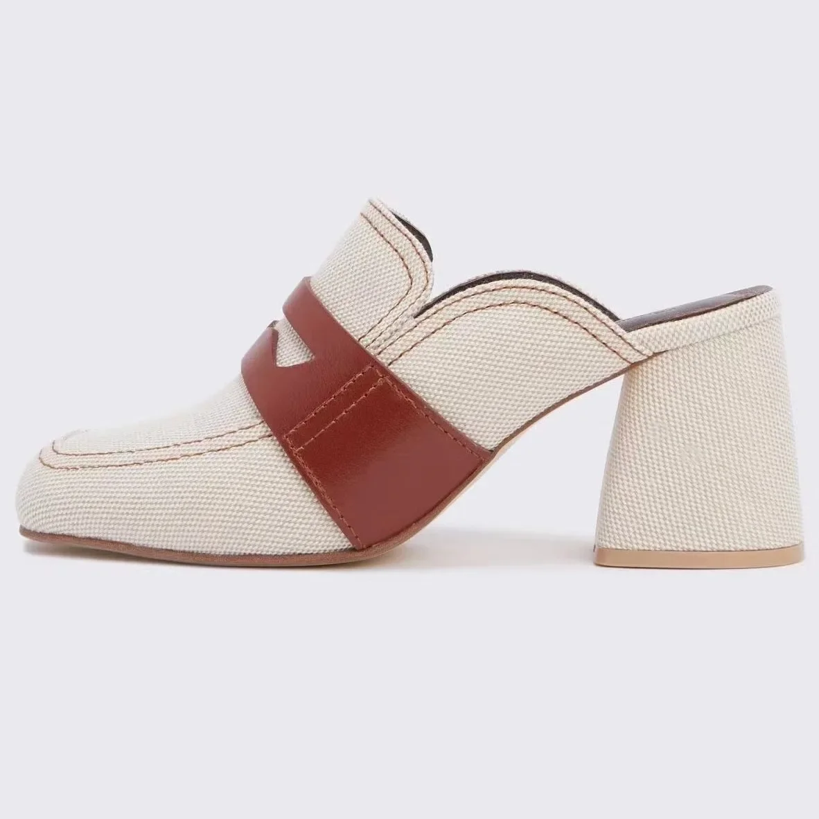 Retro Color Block Denim Slippers Round Square Toe Chunky High Heel Mules Casual Outdoor Wear Slip-On Women Shoes Sandalias Mujer