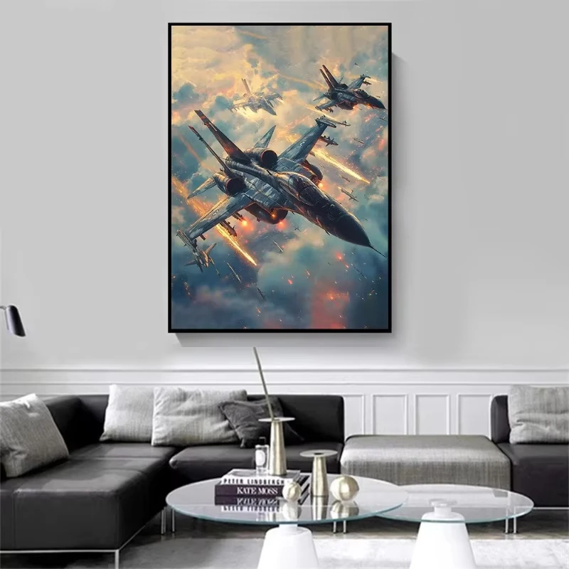 Aircraft Fighter Jet Aerial Combat poster vintage Airplane Takeoff canvas painting Wall Art Pictures for Living Room Home Decor