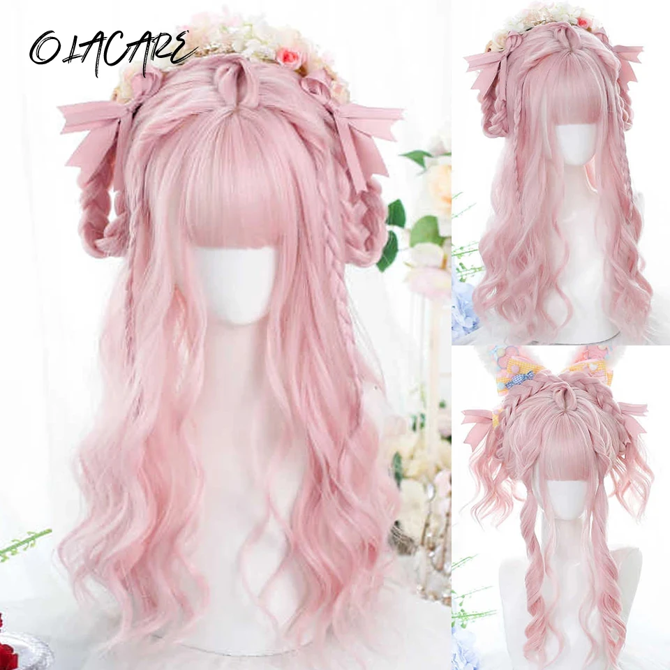 

Long Wavy Pink Blonde Synthetic Wigs with Bangs for Women Natural Wave Cosplay Party Daily Use Hair Wigs Heat Resistant