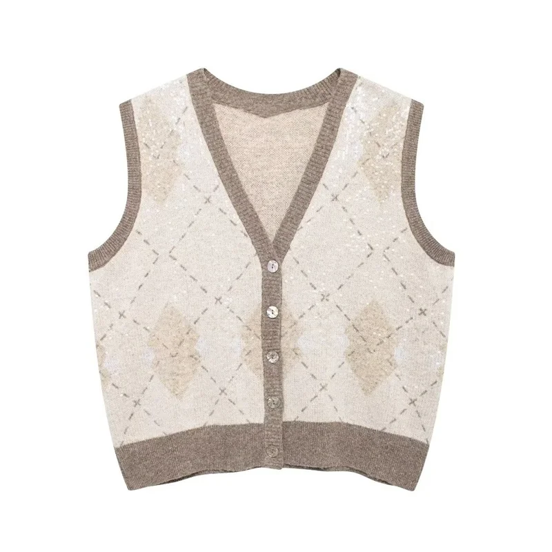 Autumn Women's Knitted Diamond Sweater Vest Top 2024 New Fashion Casual Short Elegant Women's Sequin Sweater Vest