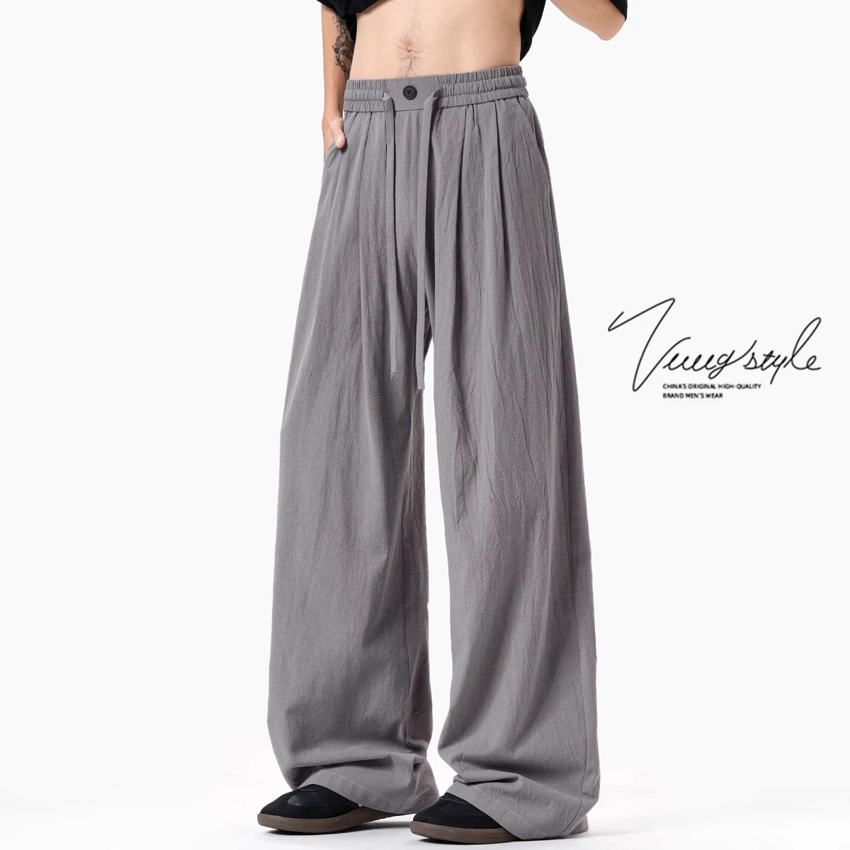 

ey Qui Dry Linen Casual Pants Men Summer Thin Loose Drapey Straight Cotton Linen Breathable Casual Pants American Sle