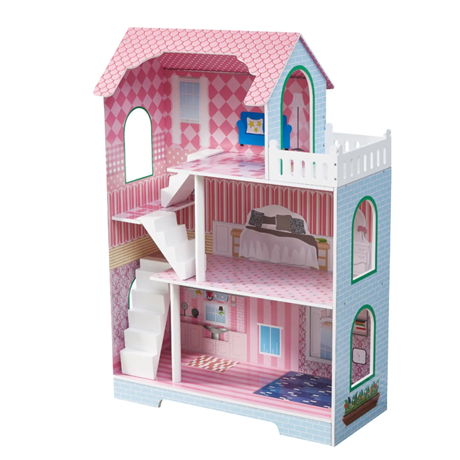 بيت دمية للأطفال من 3 طبقات مع نافذة سقف وأثاث بيت دمية صغير خشبي لعمر 3 سنوات + 71 × 36 × 100 سم