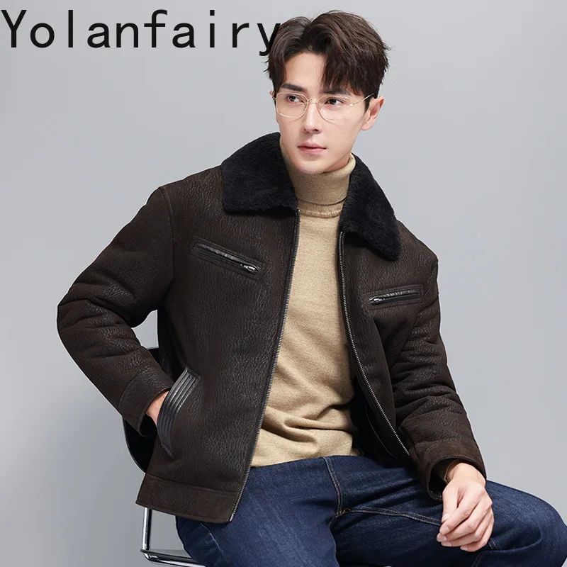 YOLANFAIRY 빈티지 패션 천연 모피 코트 남자 진짜 양가죽 가죽 모피 자켓 옷깃 겨울 새 스타일 따뜻한 모피 코트 jaqueta