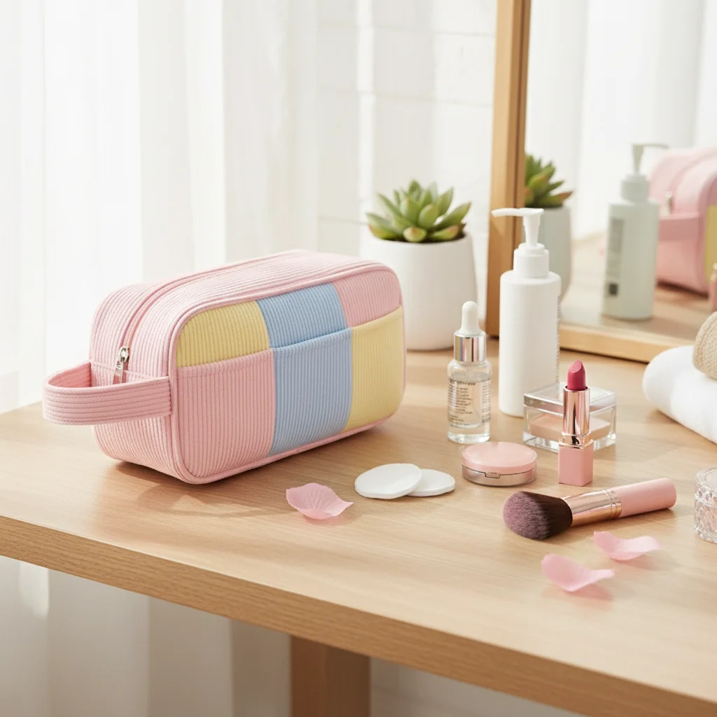 Large Capacity Cosmetic Bag Corduroy Material for Travel Toiletry Organizer Pouch Color Block Design Durable Essentials