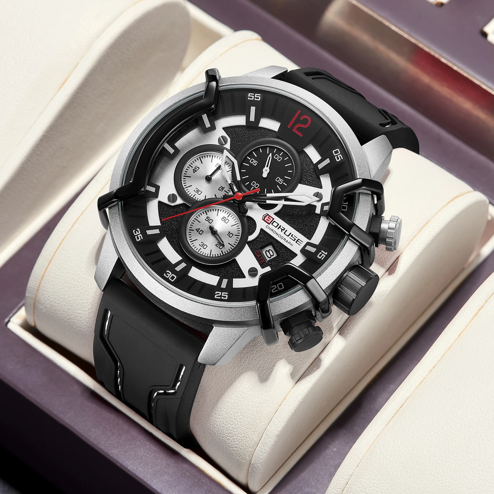 

BORUSE 2 Pcs/set Luxury Men's Quartz Watch Bracelet Classic Round Dial Silicone Strap Versatile for Daily Use Ideal Gift for Men