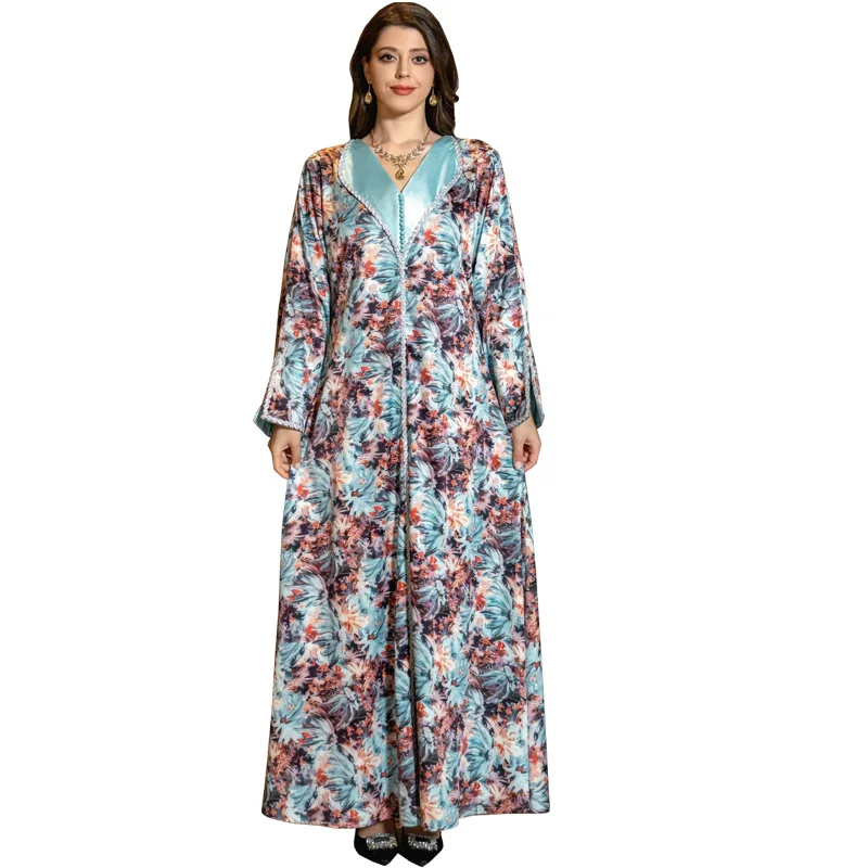 

Clothes for Muslim Women 2024 Spring Summer Muslim Long Sleeve V-neck Elegant Long Abaya Muslim Dress Women Abaya Dubai