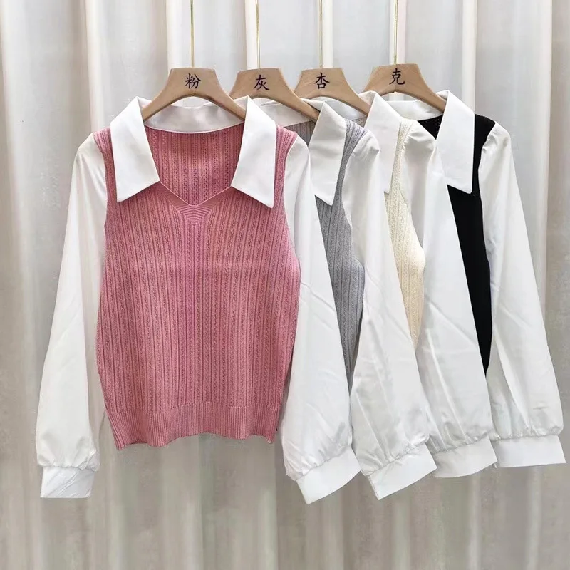 Sweet Women Girls Korean Blouses Knit Patchwork V-neck Fake Two Pieces POLO Shirts Office Lady Spring Casual Long Sleeve Tops