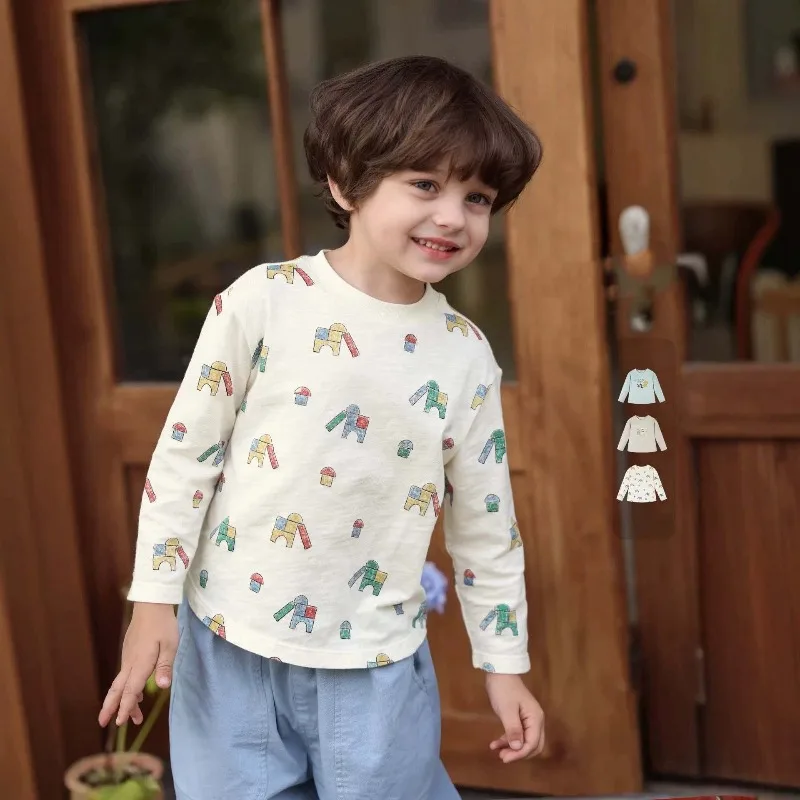 Bellbell Baby Boy Undershirts 2026 Autumn Toddler Infant Bous Printed Long Sleeves 1-6Yrs Kids Boys Round Collar Basic Shirts