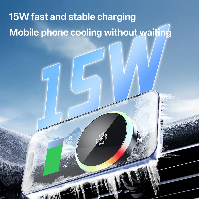 

Car Cooling Magnetic Phone Holder Stand RGB Light Wireless Charger Air Vent Mount For Magsafe iPhone 17~12 Fast Charging Station