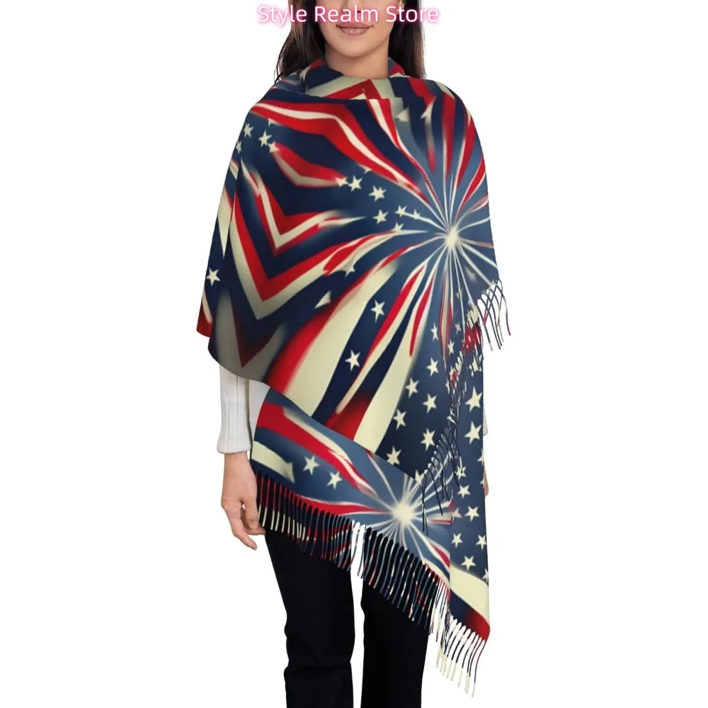 

American Flag Firework Print Polyester Scarf Breathable Fashion Accessory For Travel And Everyday Wear