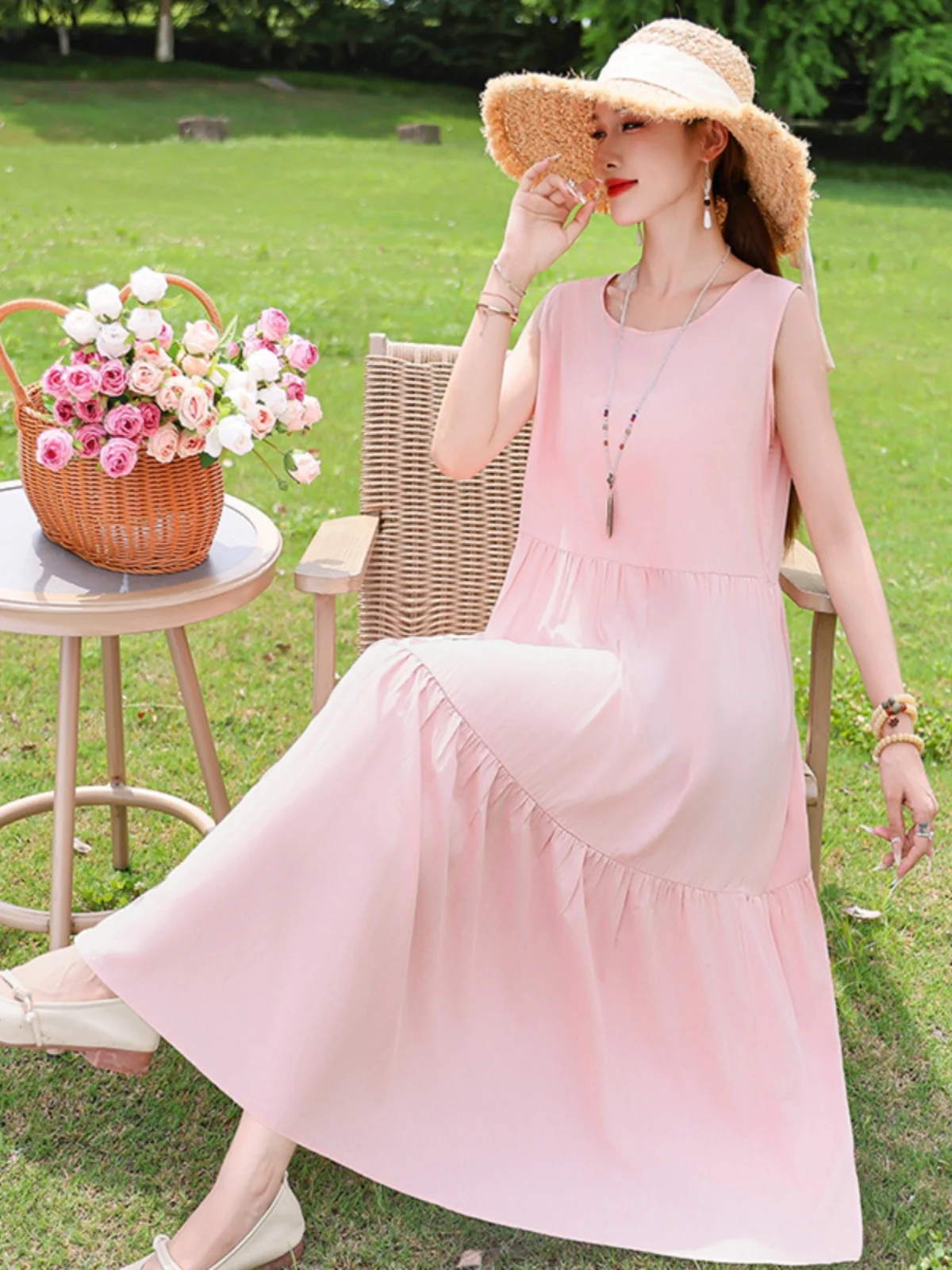 

Casual Pure Color Cotton Silk Dr Women's Summer New Sle High End Svel Vest Vaion Long Dr Faion Loose Fit