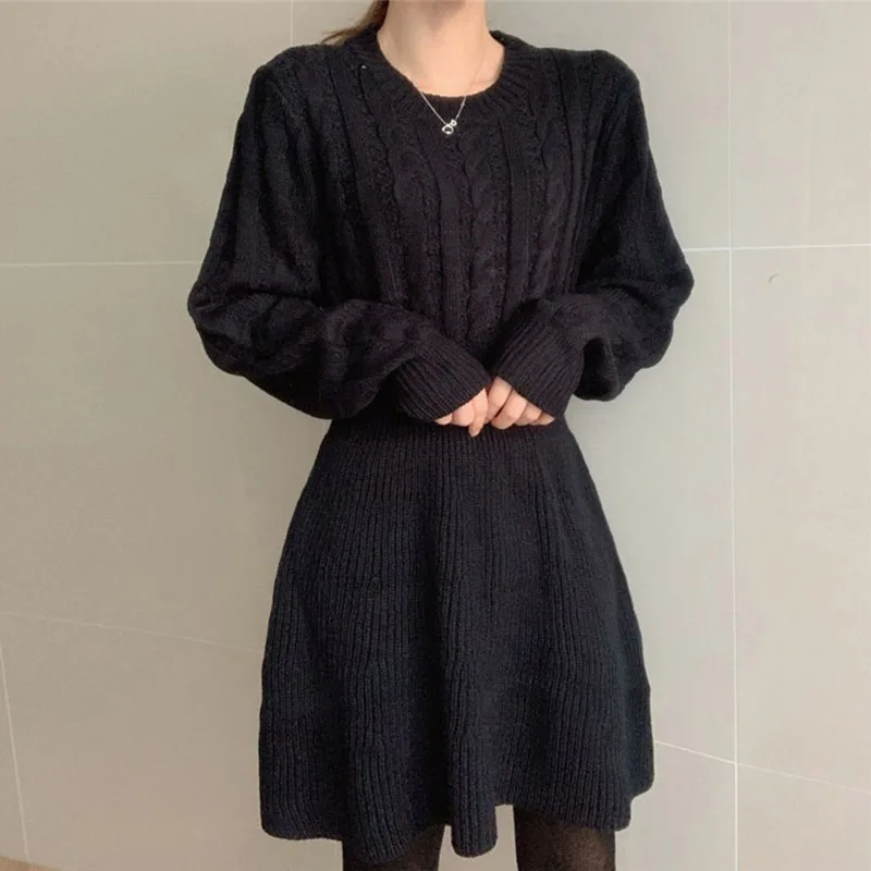 Autumn Winter Twist Knitted Dress Korean Solid O Neck Loose Long Sleeves A Line Dress Vintage Casual Warm Pullover Sweater Dress