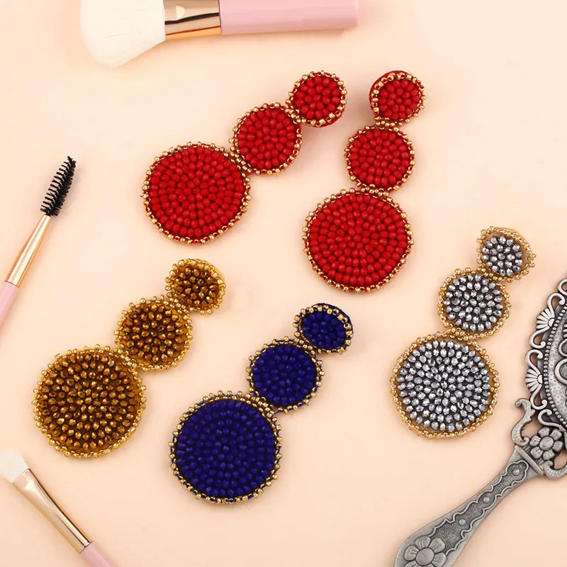 FLOLA Fashion Big Red Earrings for Women Bohemian Long Beaded Earrings Handmade Boho Jewelry Beach oorbellen ersq52