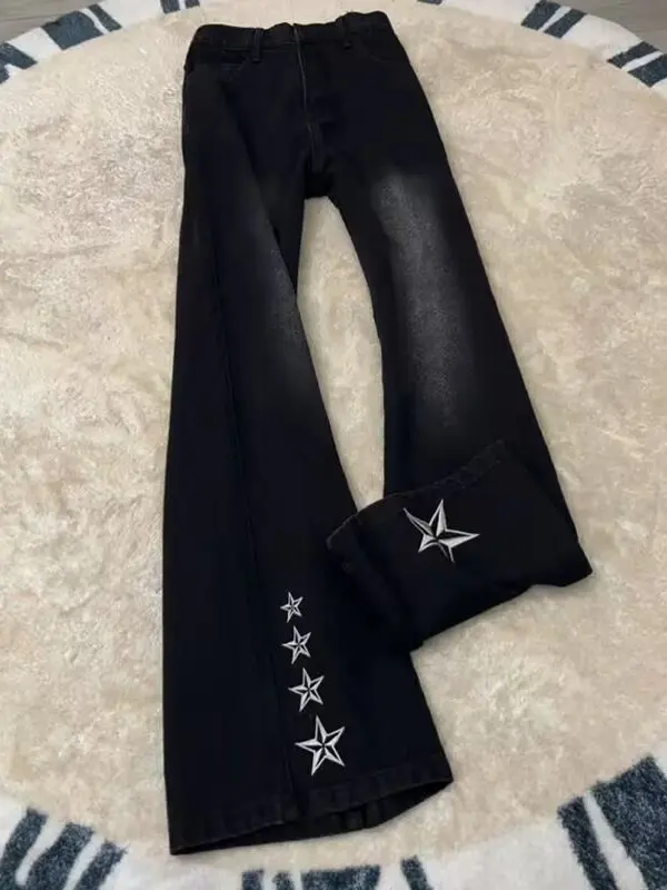 

Black Embroidered Star Jeans Men's Casual High Street Style Bell Bottoms Vintage Washed Denim Straight Leg Fit Jeans